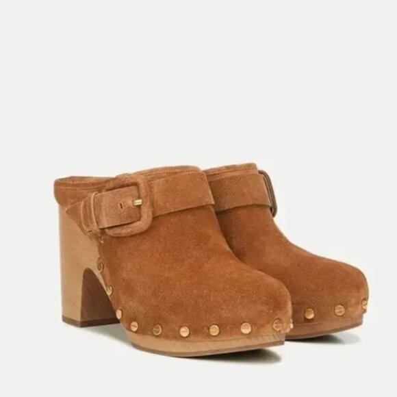 NEW VERONICA BEARD Dacey Suede Heeled Mules Clogs in Tan Size 10 - Picture 1 of 12